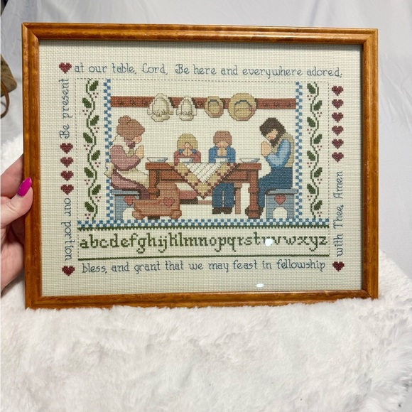 VTG Crosstitch Art Jeremiah Junction Table Blessings Professionally Framed 80’s - Picture 1 of 12